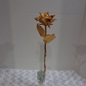 Source Unknown Gold Rose with Glass Vase
